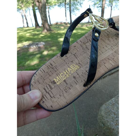 Michael Kors Black Thong w/Gold MK Logo PVC Flip Flop Sandals Cork Soles Size 10 - Picture 8 of 9
